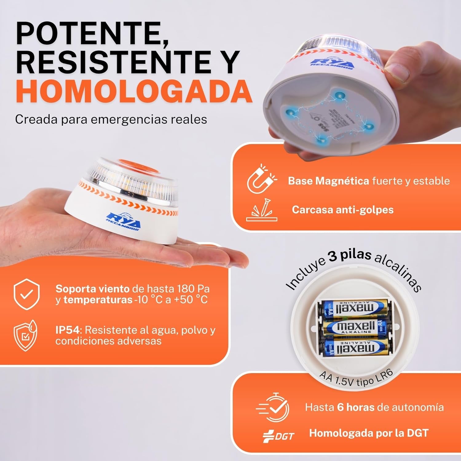 RYA Luz Emergencia Coche Homologado DGT Geolocalización - V16 Homologada Dgt Exigible a Partir De 2026 - Baliza Conectada Con DGT 3.0 - Imán Resistente - Datos Pagados Hasta 2038