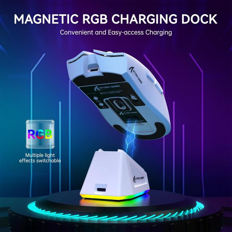 ATTACK SHARK X11 Lightweight Wireless Gaming Mouse with RGB Charging Dock,Tri-Mode-2.4G/Usb-C Wired/Bt,22K DPI,PAW3311 Optical Sensor,5 Programmable Buttons for Pc/Mac. Gamingmice Budget Gamingmouse Bluetooth Mouse