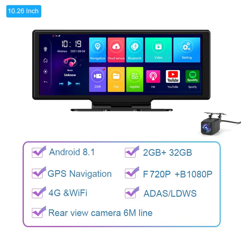 10.26 Inch Large Screen 4G Dashcam GPS Navigation Android 8.1 Car Video Recorder Registrator FHD 1080P ADAS with Free Korea Map