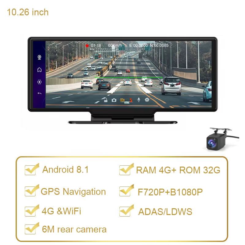 10.26 Inch Large Screen 4G Dashcam GPS Navigation Android 8.1 Car Video Recorder Registrator FHD 1080P ADAS with Free Korea Map