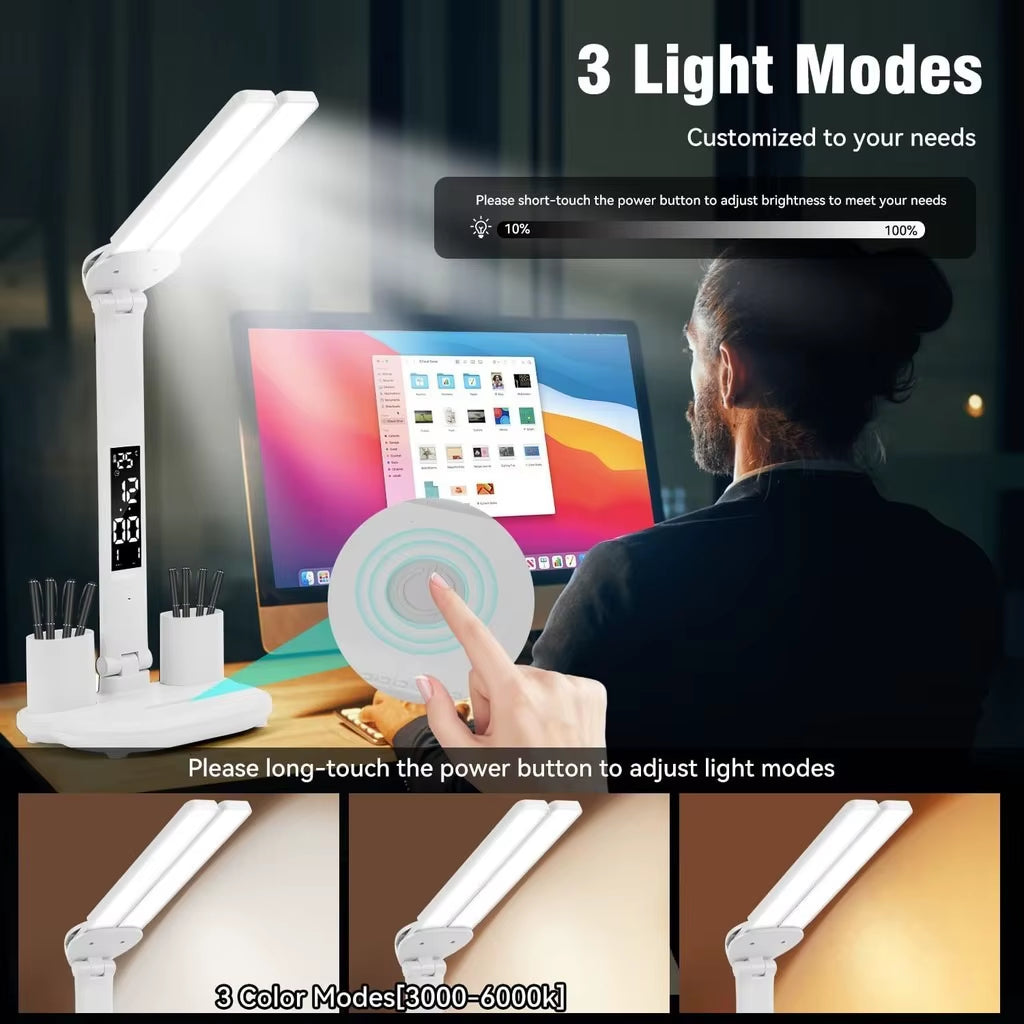 LED Table Lamp USB Chargeable Dimmable Clock Desk Lamps 2 Heads 180 Rotate Foldable Eye Protection Desktop Reading Night Lights