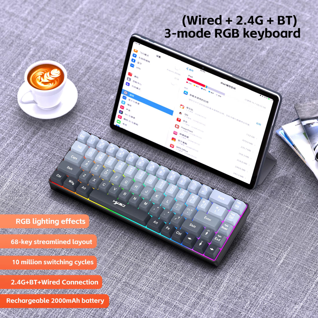 -V200 68-Key 3-Mode Wireless Gaming Keyboard Wired+2.4G+Bt Connection RGB Backlit Compact 60% Keyboard Wireless for Laptop