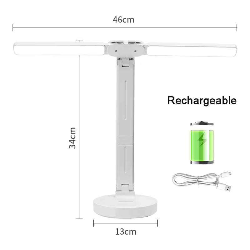 LED Table Lamp USB Chargeable Dimmable Clock Desk Lamps 2 Heads 180 Rotate Foldable Eye Protection Desktop Reading Night Lights