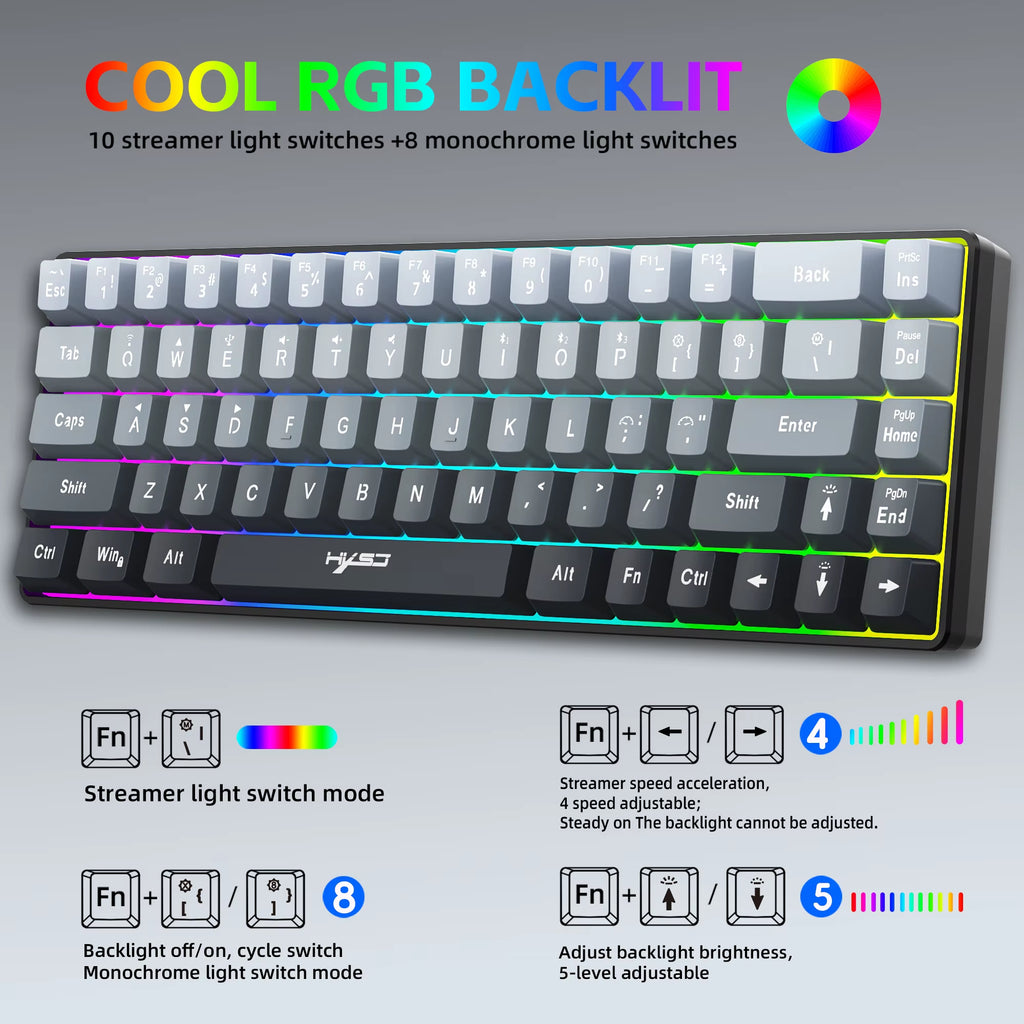 -V200 68-Key 3-Mode Wireless Gaming Keyboard Wired+2.4G+Bt Connection RGB Backlit Compact 60% Keyboard Wireless for Laptop