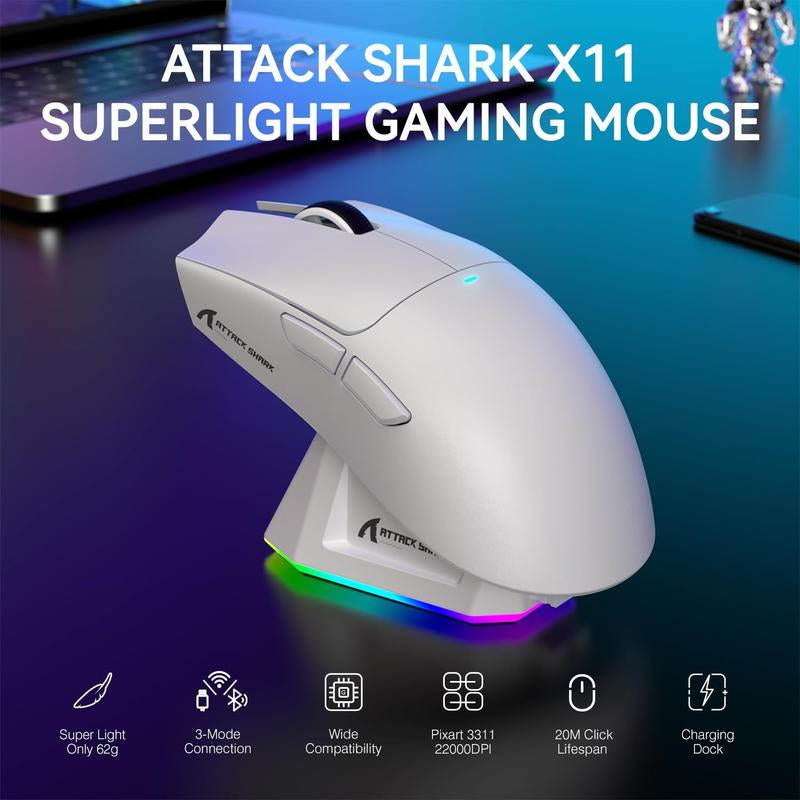 ATTACK SHARK X11 Lightweight Wireless Gaming Mouse with RGB Charging Dock,Tri-Mode-2.4G/Usb-C Wired/Bt,22K DPI,PAW3311 Optical Sensor,5 Programmable Buttons for Pc/Mac. Gamingmice Budget Gamingmouse Bluetooth Mouse