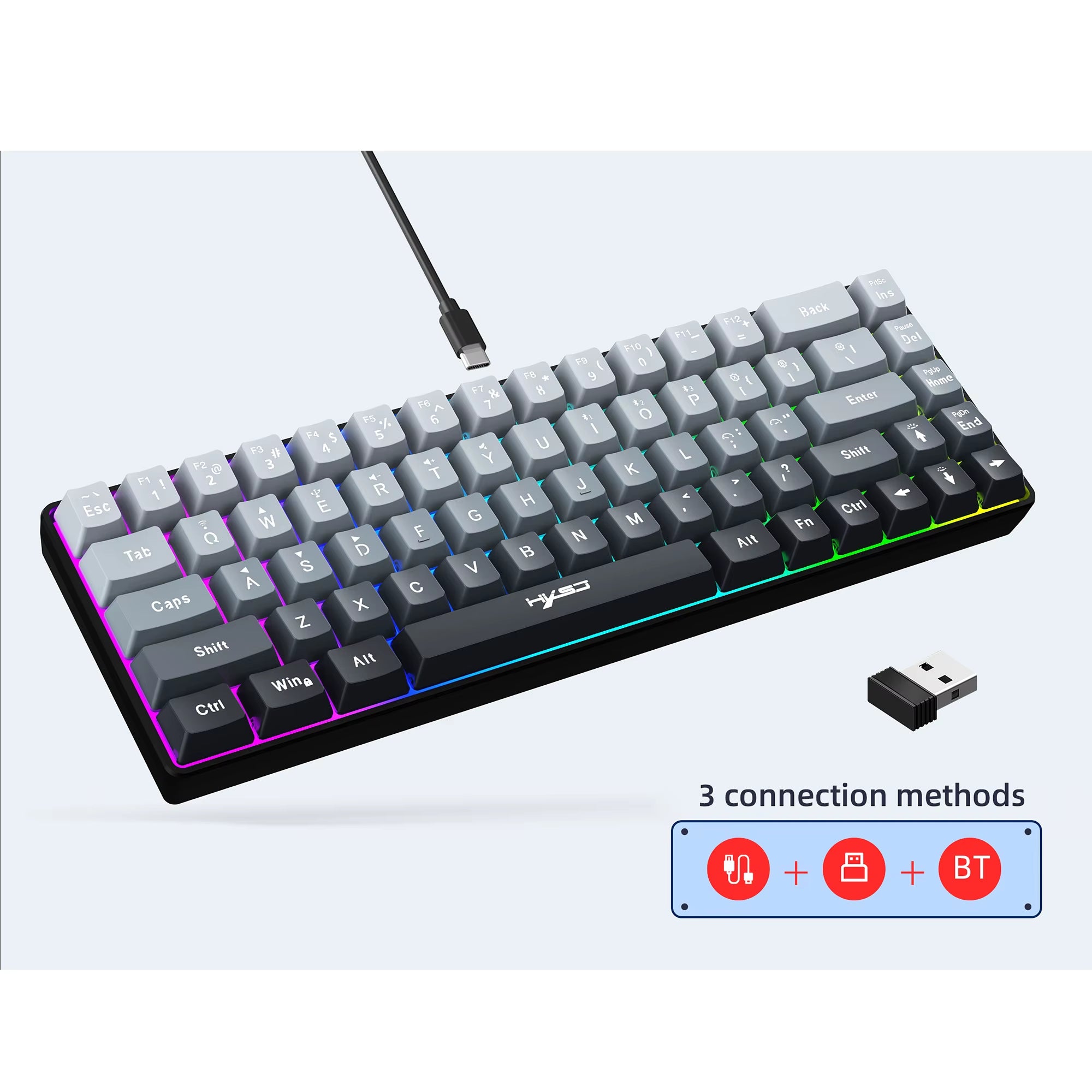 -V200 68-Key 3-Mode Wireless Gaming Keyboard Wired+2.4G+Bt Connection RGB Backlit Compact 60% Keyboard Wireless for Laptop