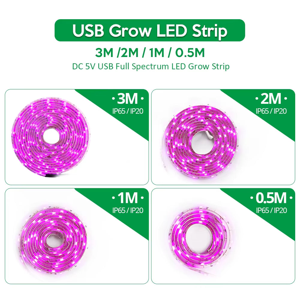 LED Grow Light Full Spectrum 5V USB Grow Light Strip 2835 LED Phyto Lamps for Plants Greenhouse Hydroponic Growing 0.5M 1M 2M 3M