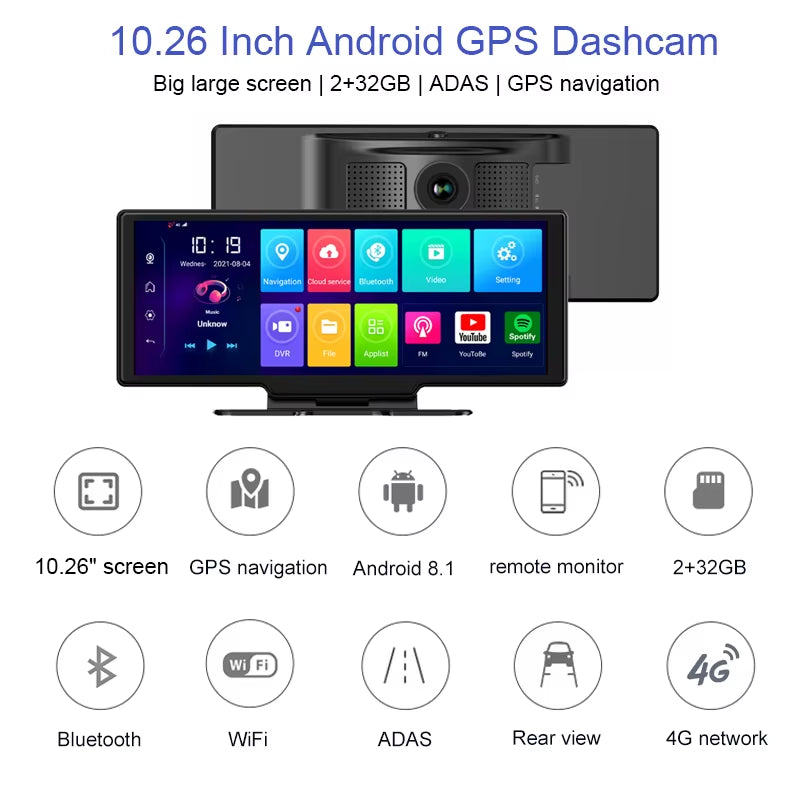 10.26 Inch Large Screen 4G Dashcam GPS Navigation Android 8.1 Car Video Recorder Registrator FHD 1080P ADAS with Free Korea Map