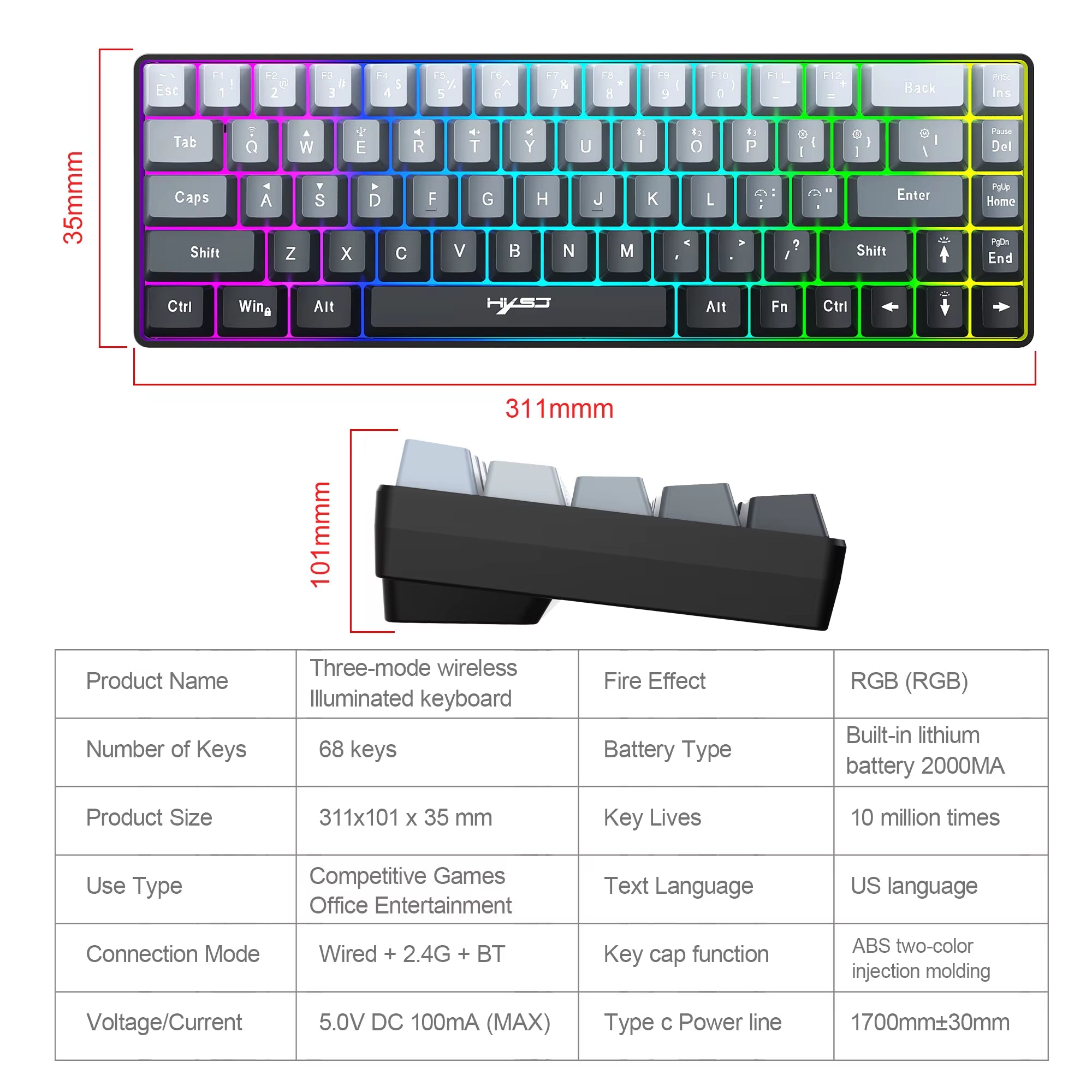 -V200 68-Key 3-Mode Wireless Gaming Keyboard Wired+2.4G+Bt Connection RGB Backlit Compact 60% Keyboard Wireless for Laptop